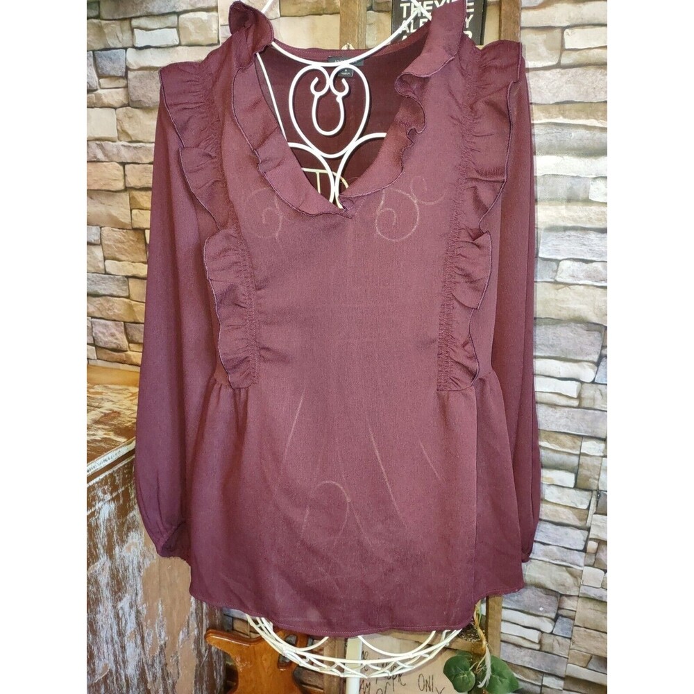 Sz Med Ann Taylor Loft Burgundy Top Blouse Ruffled LS Babydoll - Picture 2 of 6